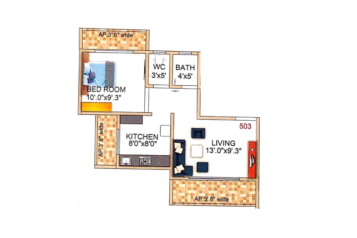 Floor plan of 1 BHK 510 Sq. Ft. Apartment in US Gouri Aangan CHS, Thane