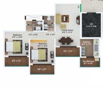 Floor plan of 2 BHK 885 Sq. Ft. Apartment in V V Serena, Thane