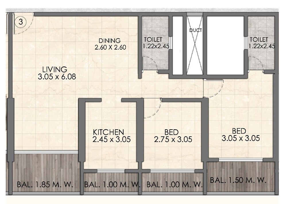 Floor plan of 2 BHK 725 Sq. Ft. Apartment in V10 Lake View, Thane