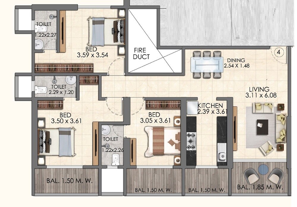 Floor plan of 3 BHK 1192 Sq. Ft. Apartment in V10 Lake View, Thane