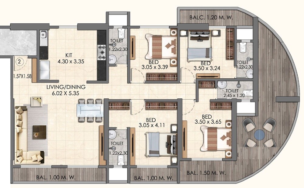Floor plan of 4 BHK 1862 Sq. Ft. Apartment in V10 Lake View, Thane