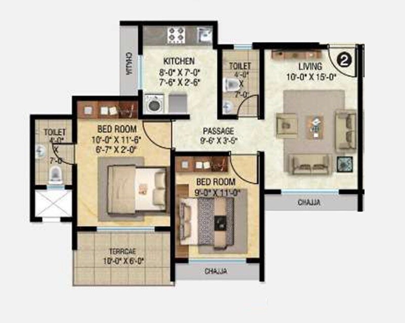 Floor plan of 2 BHK 636 Sq. Ft. Apartment in Vadilal Chanakya, Thane