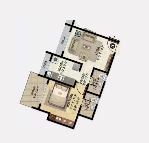 Floor plan of 1 BHK 423 Sq. Ft. Apartment in Vadilal Chanakya B Wing, Thane