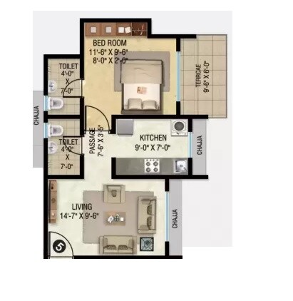 Floor plan of 1 BHK 432 Sq. Ft. Apartment in Vadilal Chanakya B Wing, Thane