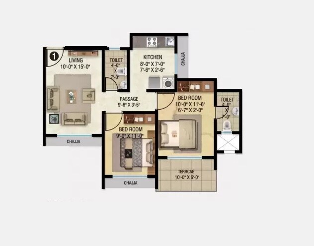 Floor plan of 2 BHK 568 Sq. Ft. Apartment in Vadilal Chanakya B Wing, Thane