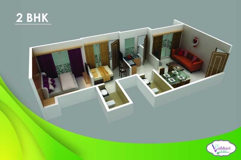 Floor plan of 2 BHK 544 Sq. Ft. Apartment in Vaibhavi City, Thane