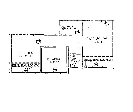 Floor plan of 1 BHK 460 Sq. Ft. Apartment in Vaishnavi Dham Complex, Thane