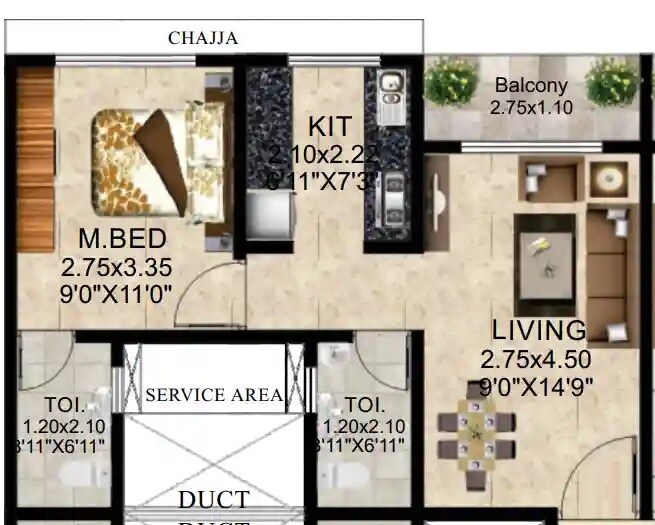 Floor plan of 1 BHK 322 Sq. Ft. Apartment in Vaishnavi Garden Dombivli, Thane
