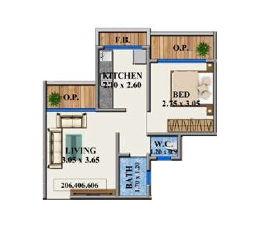 Floor plan of 1 BHK 334 Sq. Ft. Apartment in Vaishnavi Heights Kalyan East, Thane
