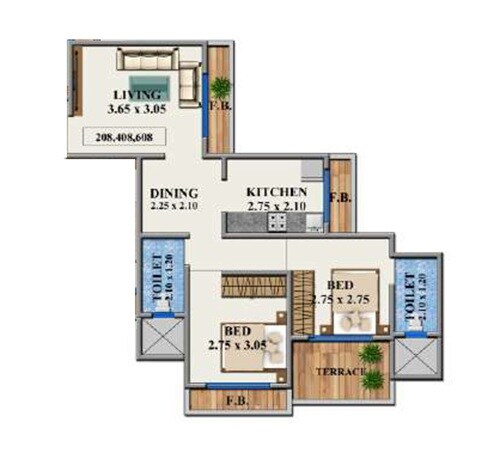 Floor plan of 2 BHK 497 Sq. Ft. Apartment in Vaishnavi Heights Kalyan East, Thane