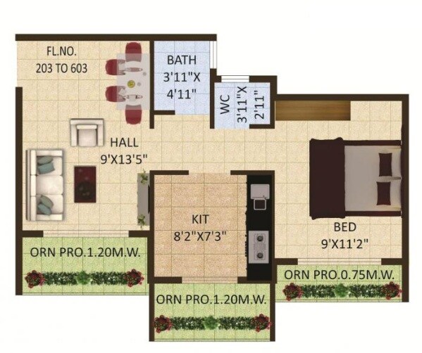 Floor plan of 1 BHK 550 Sq. Ft. Apartment in Vanita Motiram Privilege, Thane