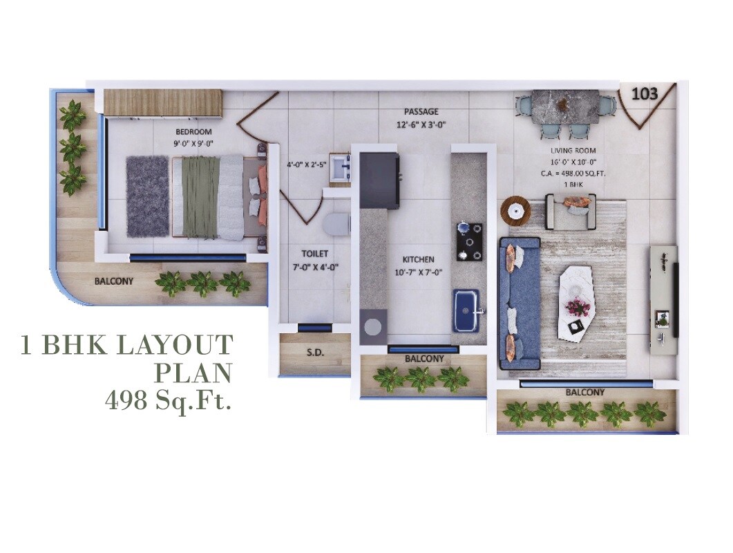 Floor plan of 1 BHK 498 Sq. Ft. Apartment in Varad Vijayshree CHS, Thane