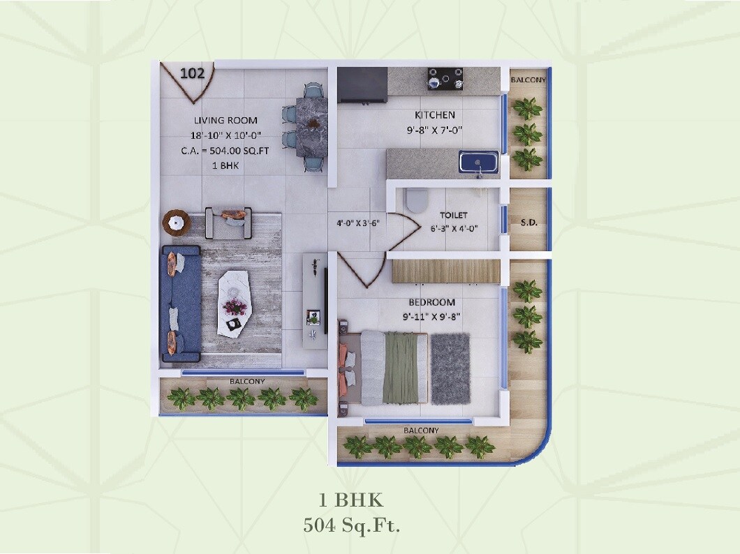 Floor plan of 1 BHK 504 Sq. Ft. Apartment in Varad Vijayshree CHS, Thane