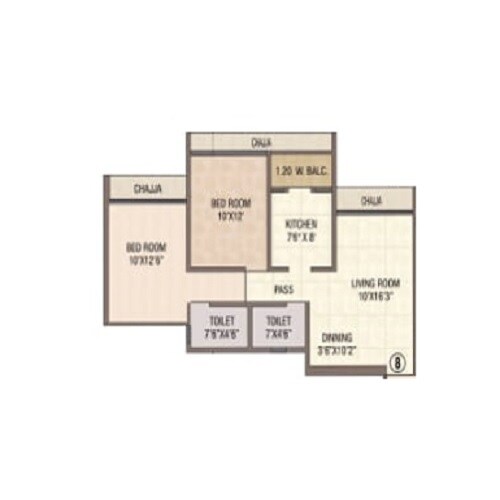 Floor plan of 2 BHK 679 Sq. Ft. Apartment in Varadvinayak Siddhivinayak Aura, Thane