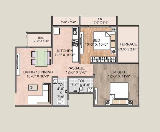 Floor plan of 2 BHK 479 Sq. Ft. Apartment in Vardhaman Bhoomi Residency, Thane