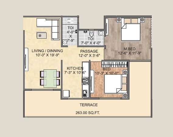 Floor plan of 2 BHK 649 Sq. Ft. Apartment in Vardhaman Bhoomi Residency, Thane