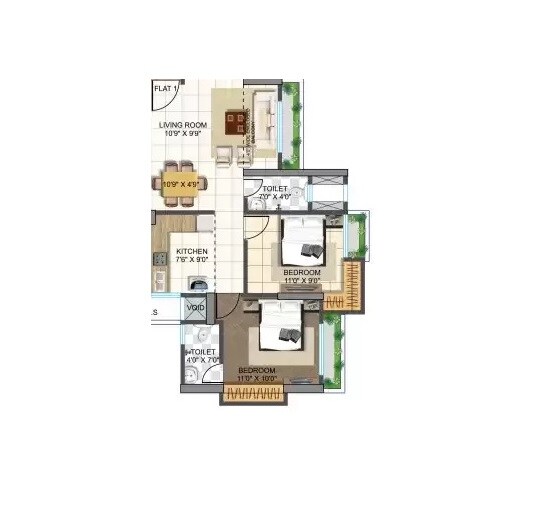 Floor plan of 2 BHK 614 Sq. Ft. Apartment in Vardhaman Tower Dombivli, Thane
