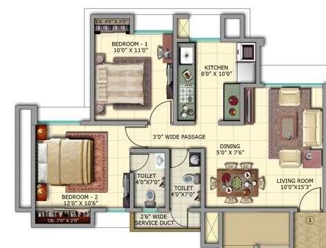 Floor plan of 2 BHK Apartment - 584 sq. ft. in Vardhman Gardens, Thane