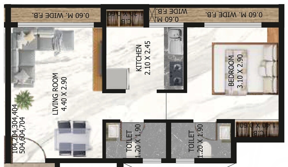 Floor plan of 1 BHK 422 Sq. Ft. Apartment in Vardhman Yashoda Vrundavan Complex, Thane