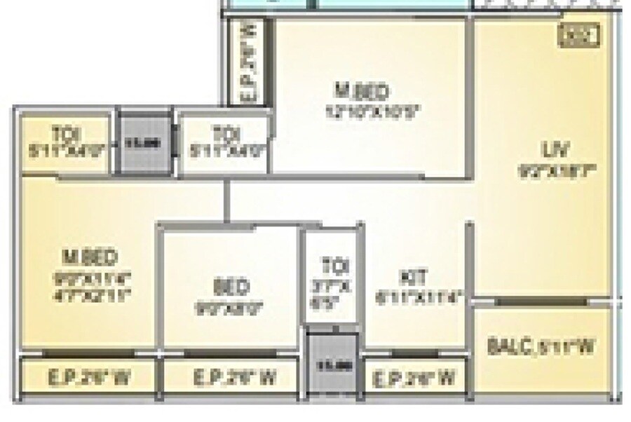 Floor plan of 3 BHK 817 Sq. Ft. Apartment in Vastu Amikumbh, Thane