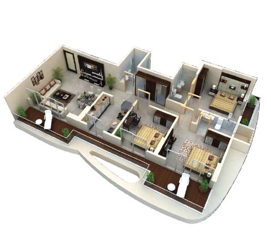 Floor plan of 3 BHK Apartment - 1012 sq. ft. in Vastusankalp Punyodaya Skylounge, Thane