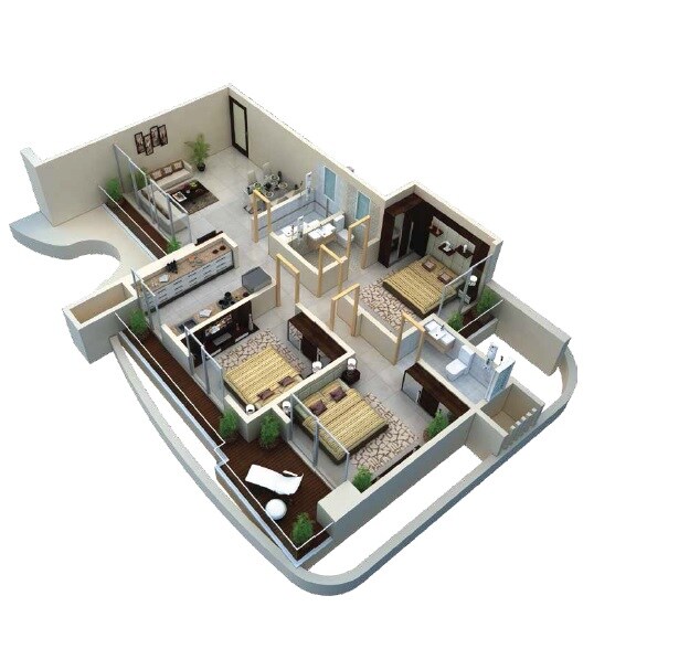Floor plan of 3 BHK Apartment - 815 sq. ft. in Vastusankalp Punyodaya Skylounge, Thane