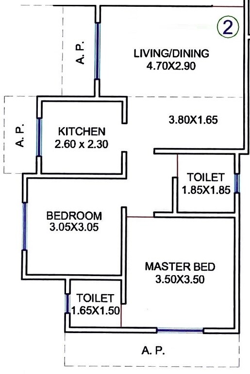 Floor plan of 2 BHK 640 Sq. Ft. Apartment in Vavya Shree Ram Heights, Thane