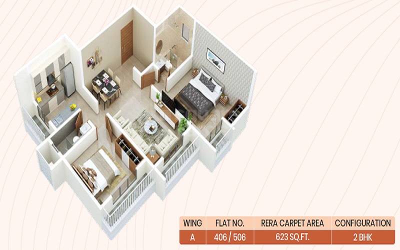 Floor plan of 2 BHK 623 Sq. Ft. Apartment in VB Veer Vishwa, Thane
