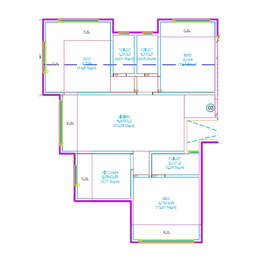 Floor plan of 3 BHK 956 Sq. Ft. Apartment in VB Veer Yashodeep, Thane