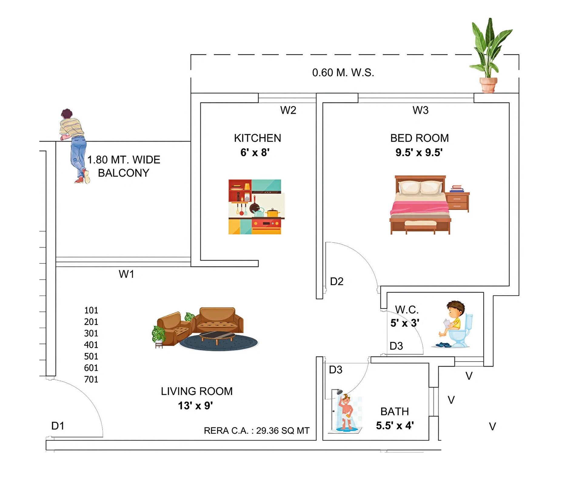Floor plan of 1 BHK 350 Sq. Ft. Apartment in Vedaant Ashiyana, Thane