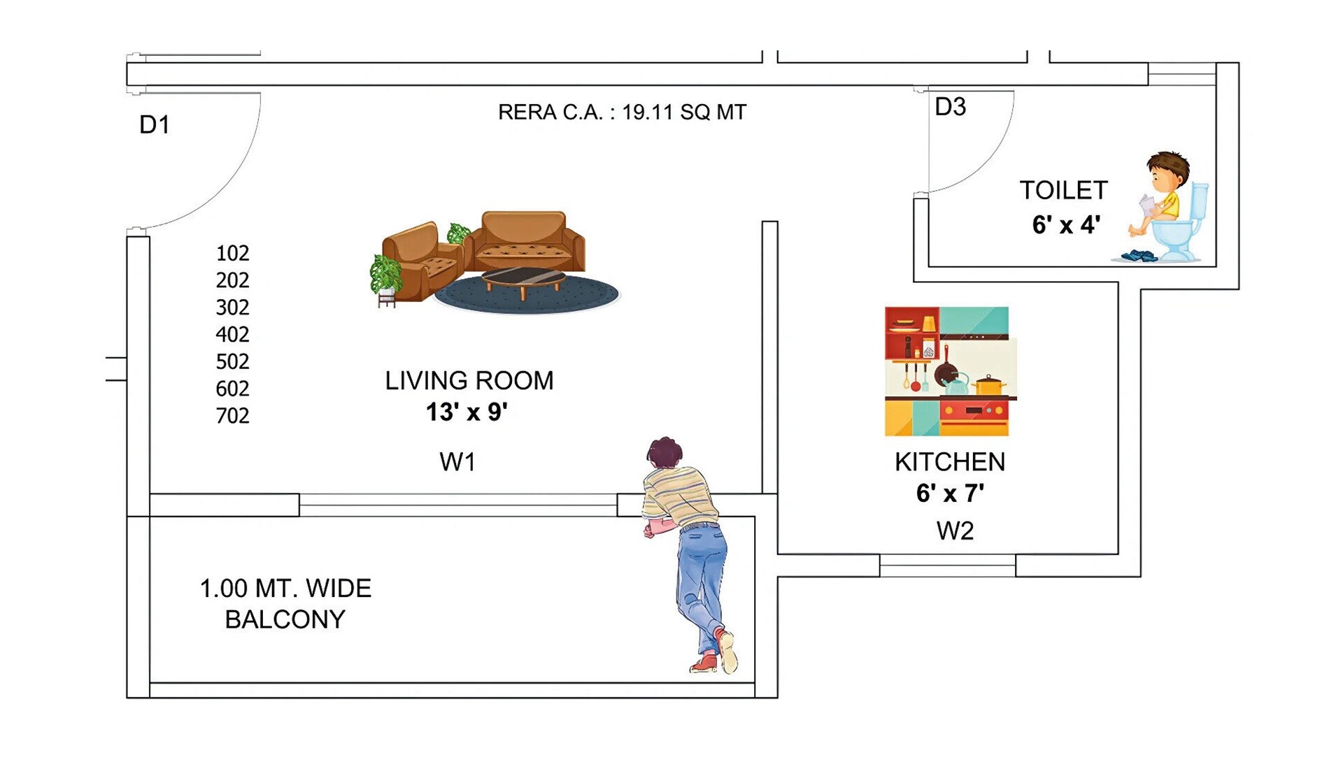 Floor plan of 256 Sq. Ft. Studio in Vedaant Ashiyana, Thane