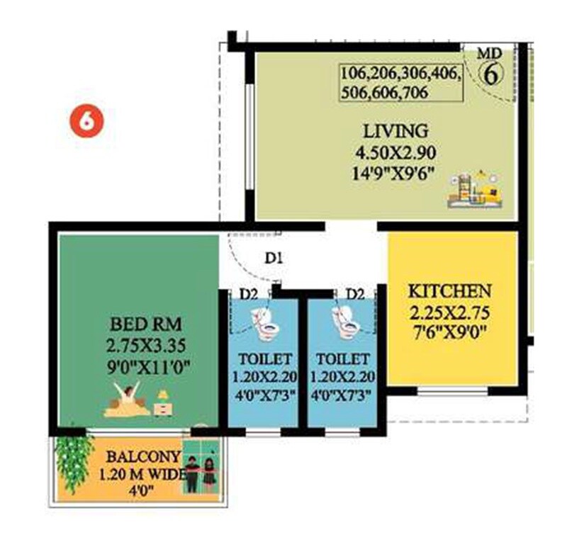 Floor plan of 1 BHK 456 Sq. Ft. Apartment in Vedaant Meadows, Thane