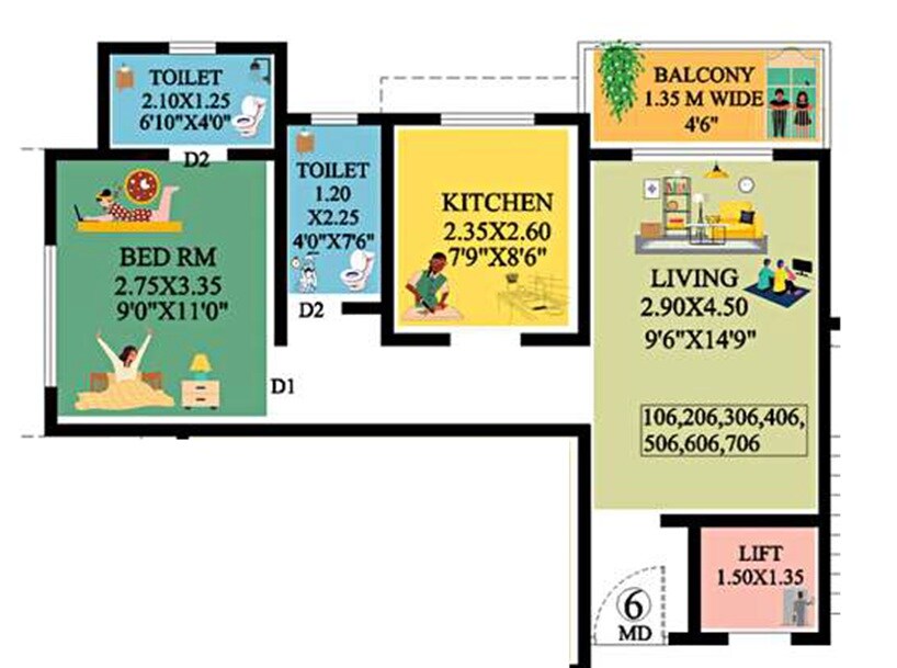 Floor plan of 1 BHK 500 Sq. Ft. Apartment in Vedaant Meadows, Thane