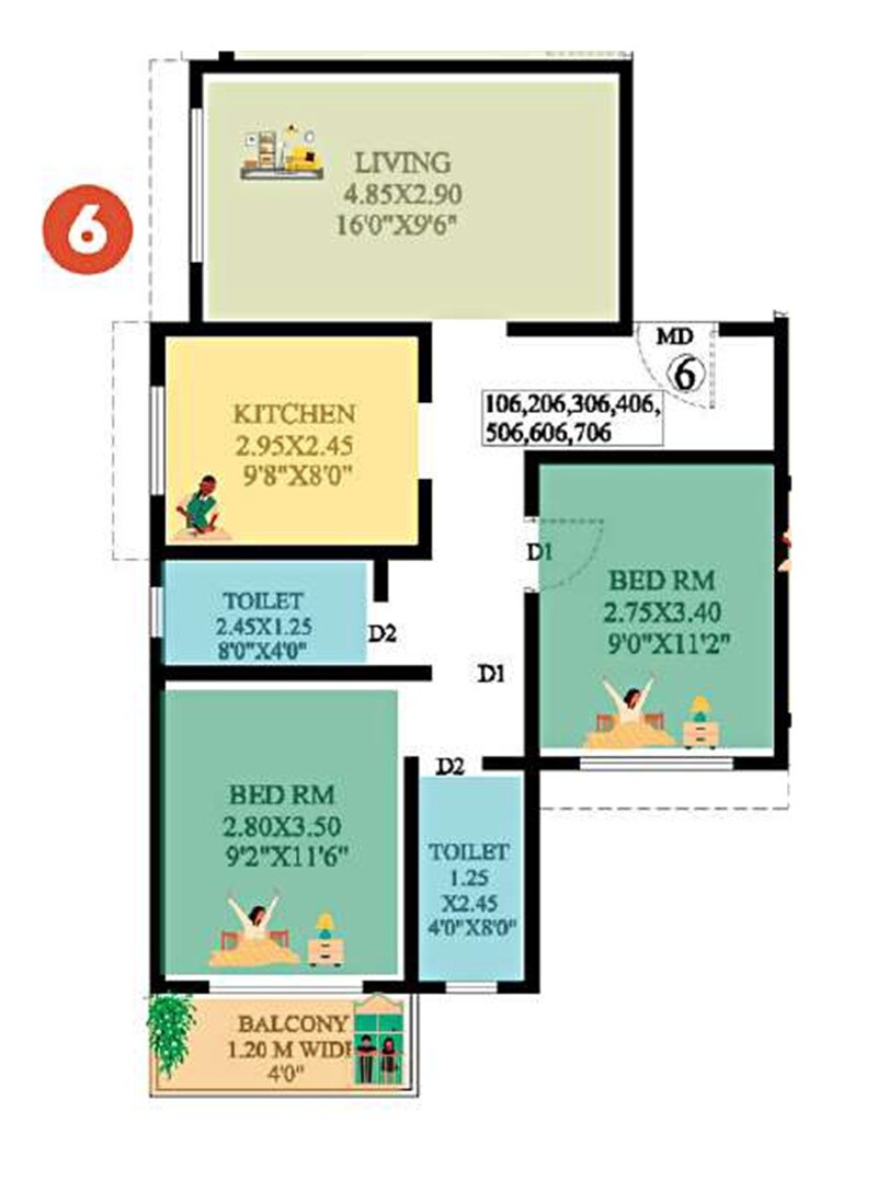 Floor plan of 2 BHK 692 Sq. Ft. Apartment in Vedaant Meadows, Thane