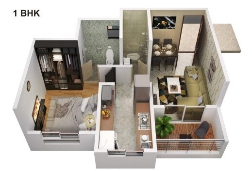 Floor plan of 1 BHK 428 Sq. Ft. Apartment in Vedang Lake City, Thane