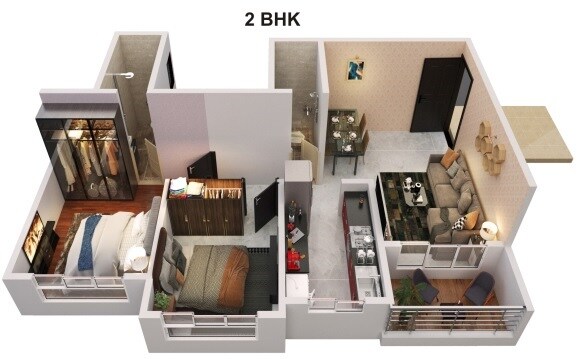 Floor plan of 2 BHK 638 Sq. Ft. Apartment in Vedang Lake City, Thane