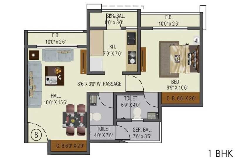 Floor plan of 1 BHK 411 Sq. Ft. Apartment in Vedant Shree Gopinath Sublime, Thane