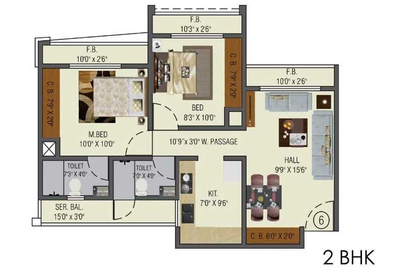 Floor plan of 2 BHK 502 Sq. Ft. Apartment in Vedant Shree Gopinath Sublime, Thane