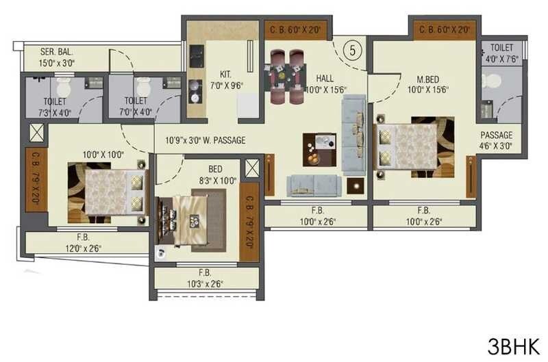 Floor plan of 3 BHK 714 Sq. Ft. Apartment in Vedant Shree Gopinath Sublime, Thane