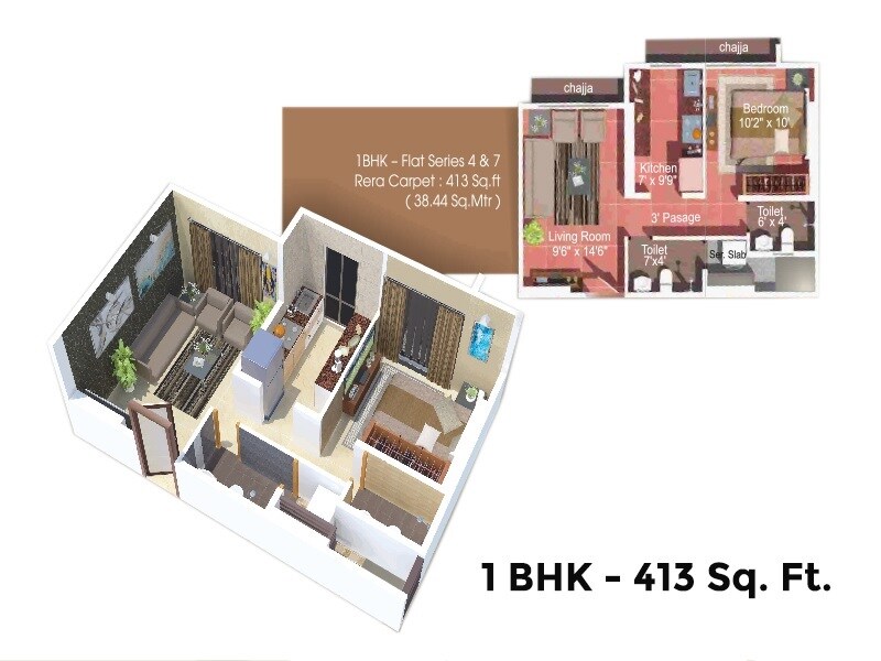 Floor plan of 1 BHK 413 Sq. Ft. Apartment in Vedant Sumeet Elite, Thane