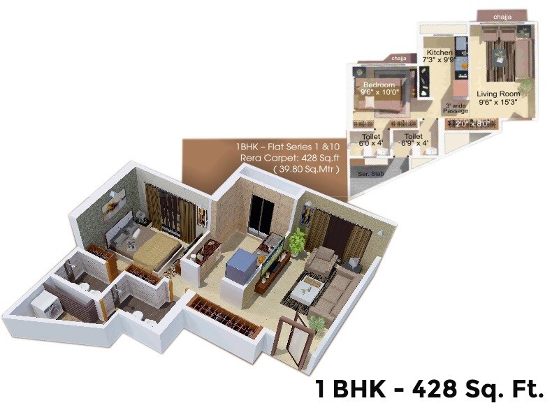Floor plan of 1 BHK 428 Sq. Ft. Apartment in Vedant Sumeet Elite, Thane