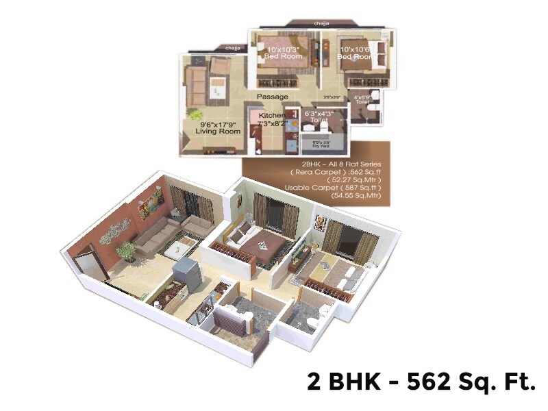 Floor plan of 2 BHK 562 Sq. Ft. Apartment in Vedant Sumeet Elite, Thane