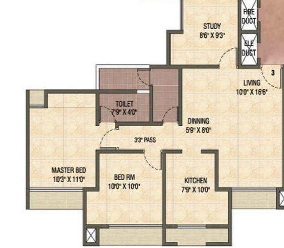Floor plan of 2 BHK 679 Sq. Ft. Apartment in Velocity Hill Spring, Thane
