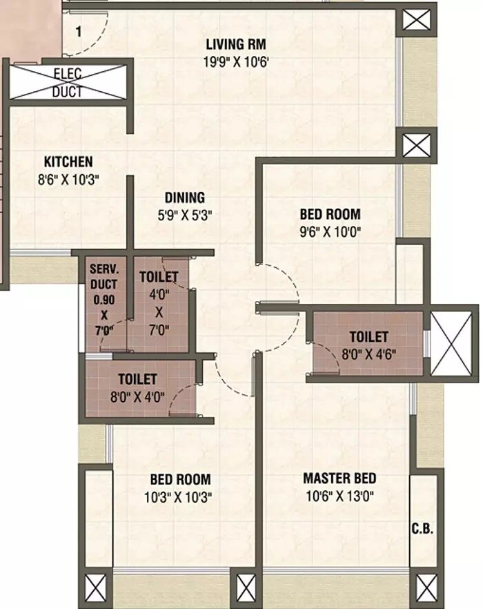 Floor plan of 3 BHK 1029 Sq. Ft. Apartment in Velocity Hill Spring, Thane