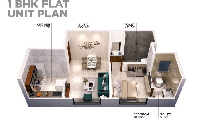 Floor plan of 1 BHK 395 Sq. Ft. Apartment in Venus Skky City, Thane