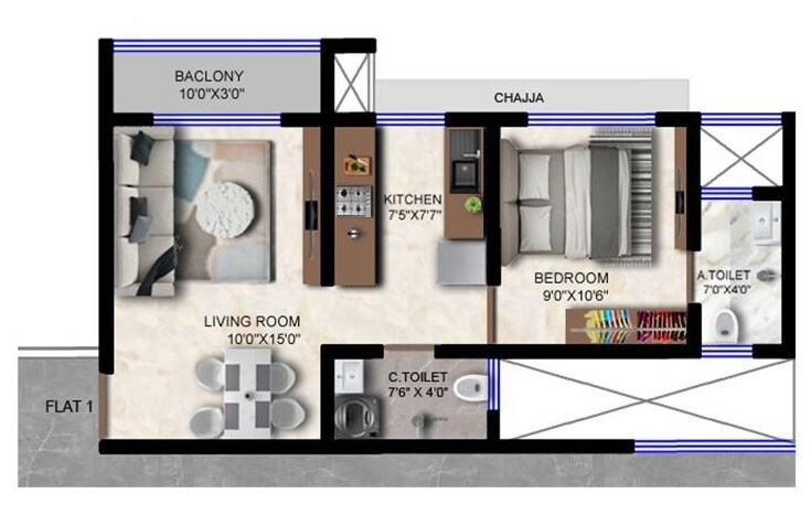 Floor plan of 1 BHK 436 Sq. Ft. Apartment in Venus Skky City, Thane