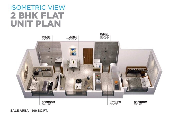 Floor plan of 2 BHK 522 Sq. Ft. Apartment in Venus Skky City, Thane