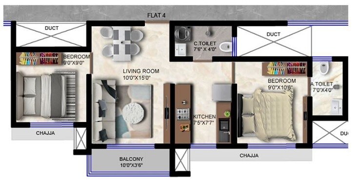 Floor plan of 2 BHK 572 Sq. Ft. Apartment in Venus Skky City, Thane