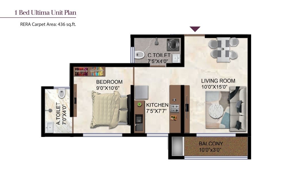 Floor plan of 1 BHK 436 Sq. Ft. Apartment in Venus Skky City Vivanta, Thane