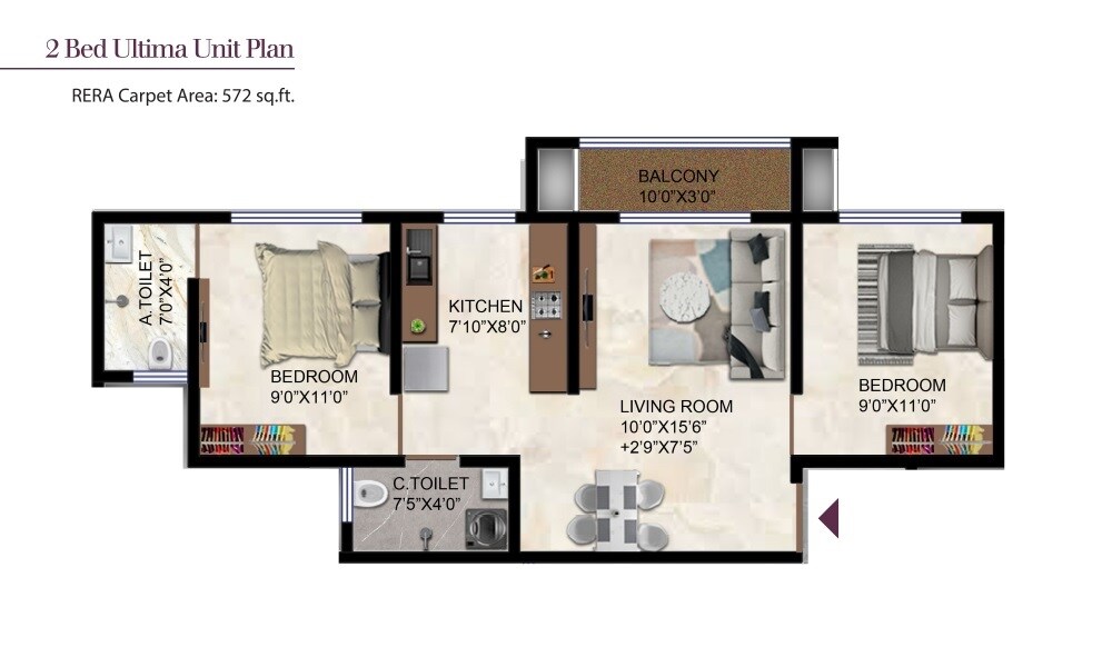 Floor plan of 2 BHK 572 Sq. Ft. Apartment in Venus Skky City Vivanta, Thane